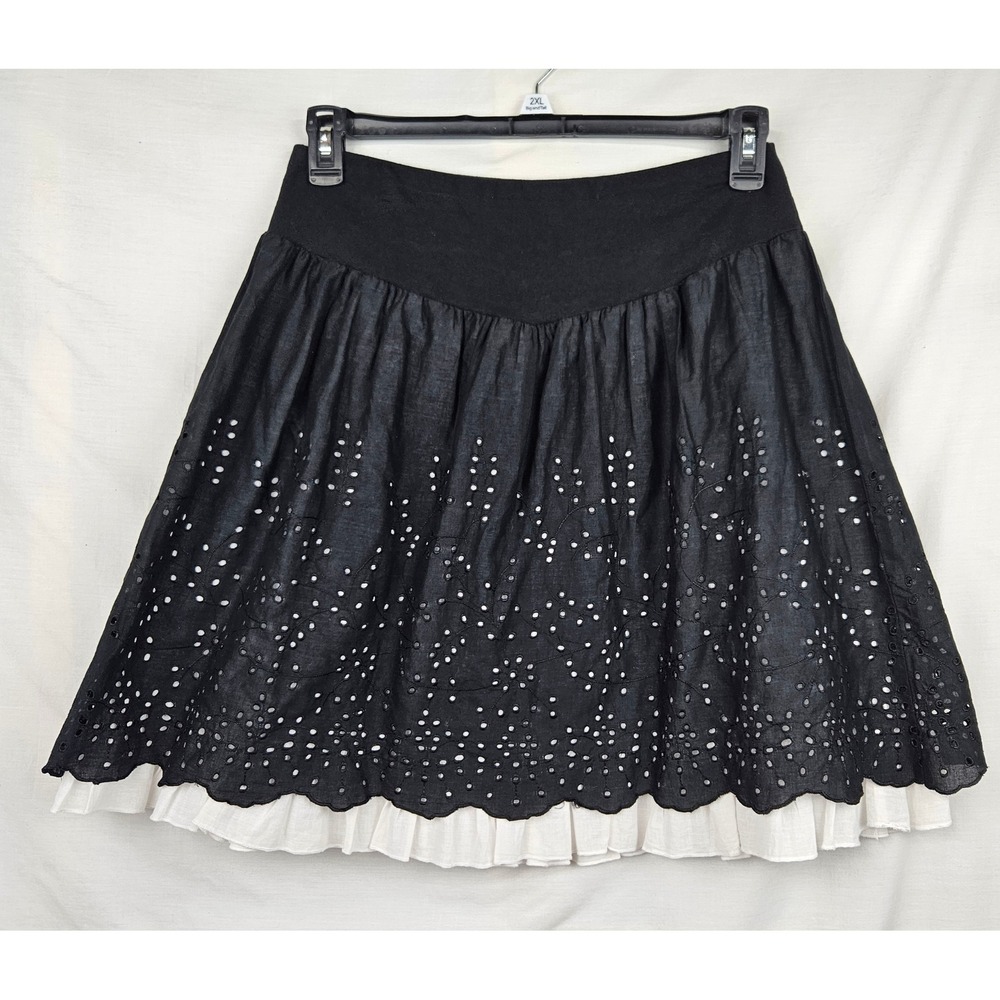 Studio 253 Womens Black Eyelet Embroidered Scalloped A-Line Skirt Boho